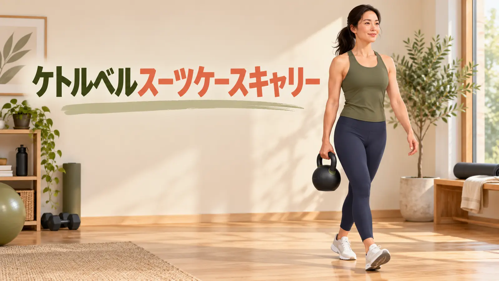 片手でケトルベルを持って歩くスーツケースキャリー