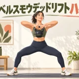 広い足幅でケトルベルを胸元へ引く人物