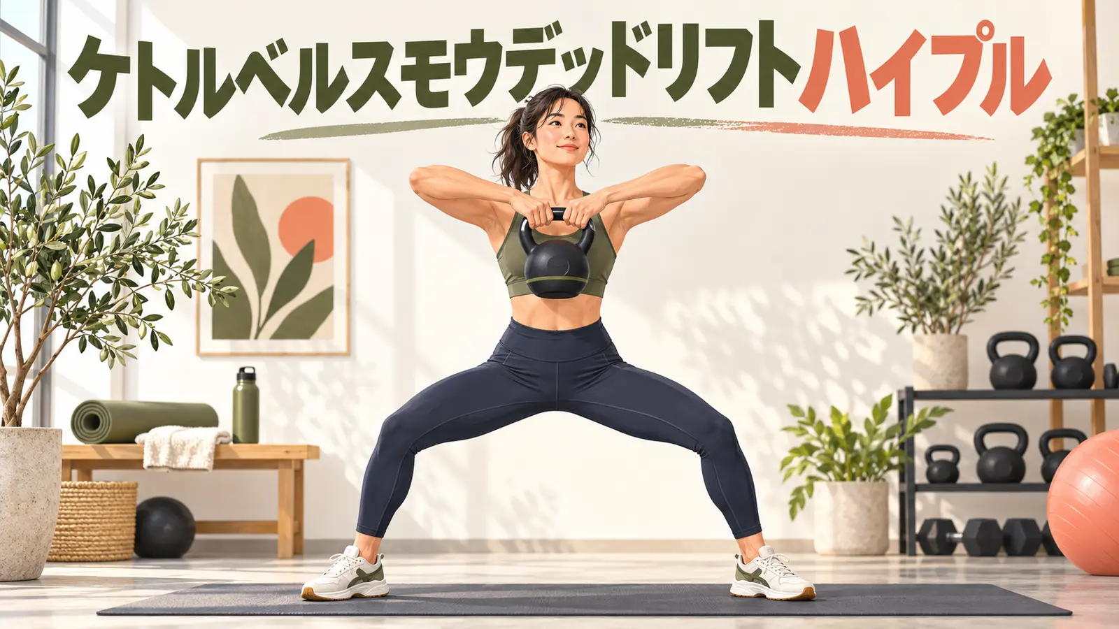 広い足幅でケトルベルを胸元へ引く人物