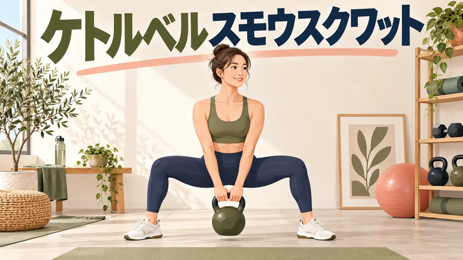 広い足幅でケトルベルスクワットを行う人物