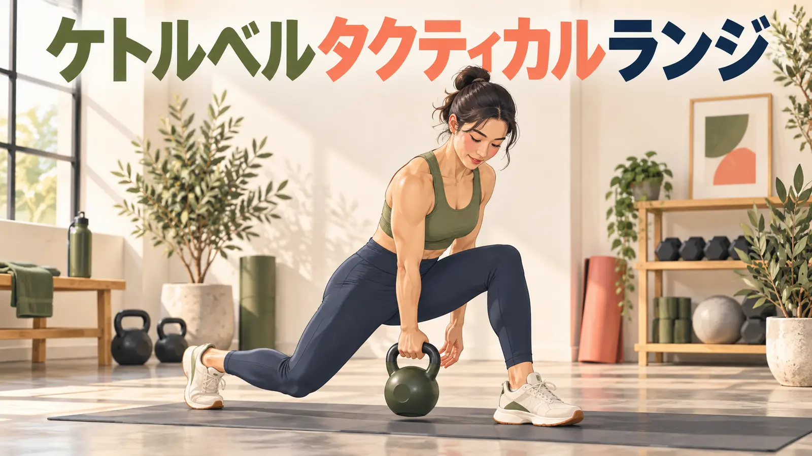 ランジ中に脚の下でケトルベルを持ち替える人物