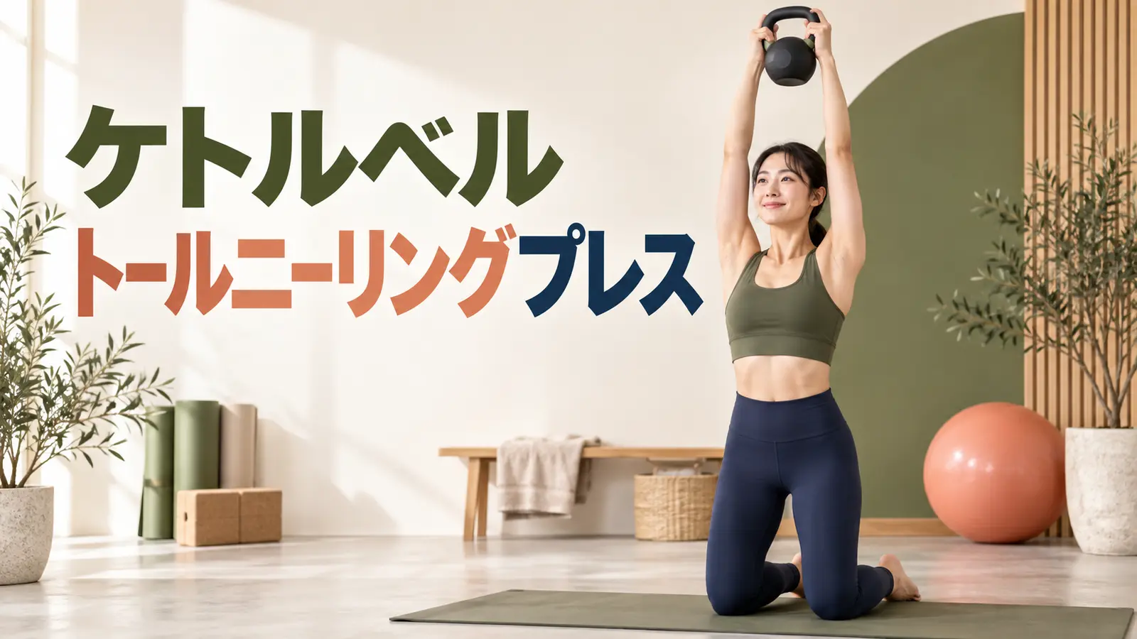 両膝立ちでケトルベルを頭上へ押す人物