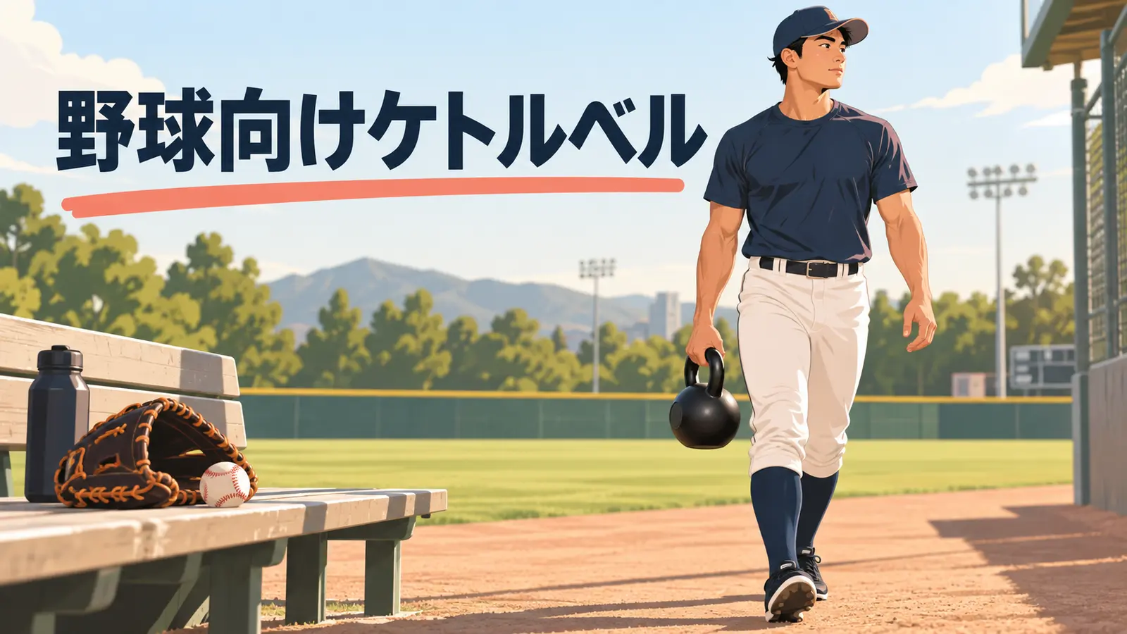 野球向けケトルベルトレーニング|投球・打撃を支える体幹と下半身を示すケトルベル補強のイラスト
