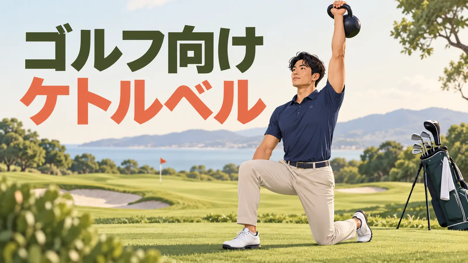 ゴルフ向けケトルベルトレーニング|回旋を支える下半身と体幹を示すケトルベル補強のイラスト
