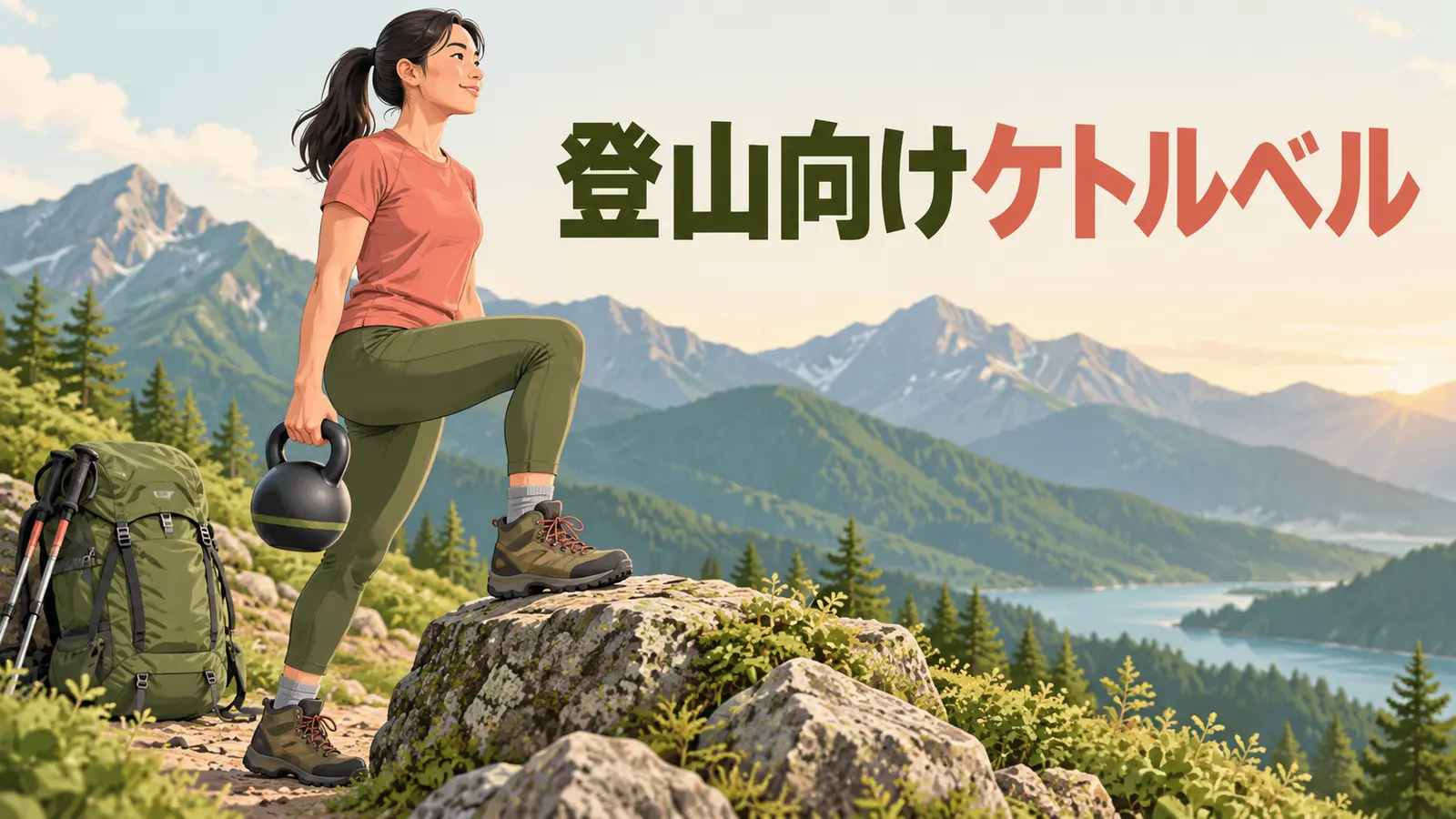 登山向けケトルベルトレーニング|脚力・体幹・荷物運びを補強を示すケトルベル補強のイラスト