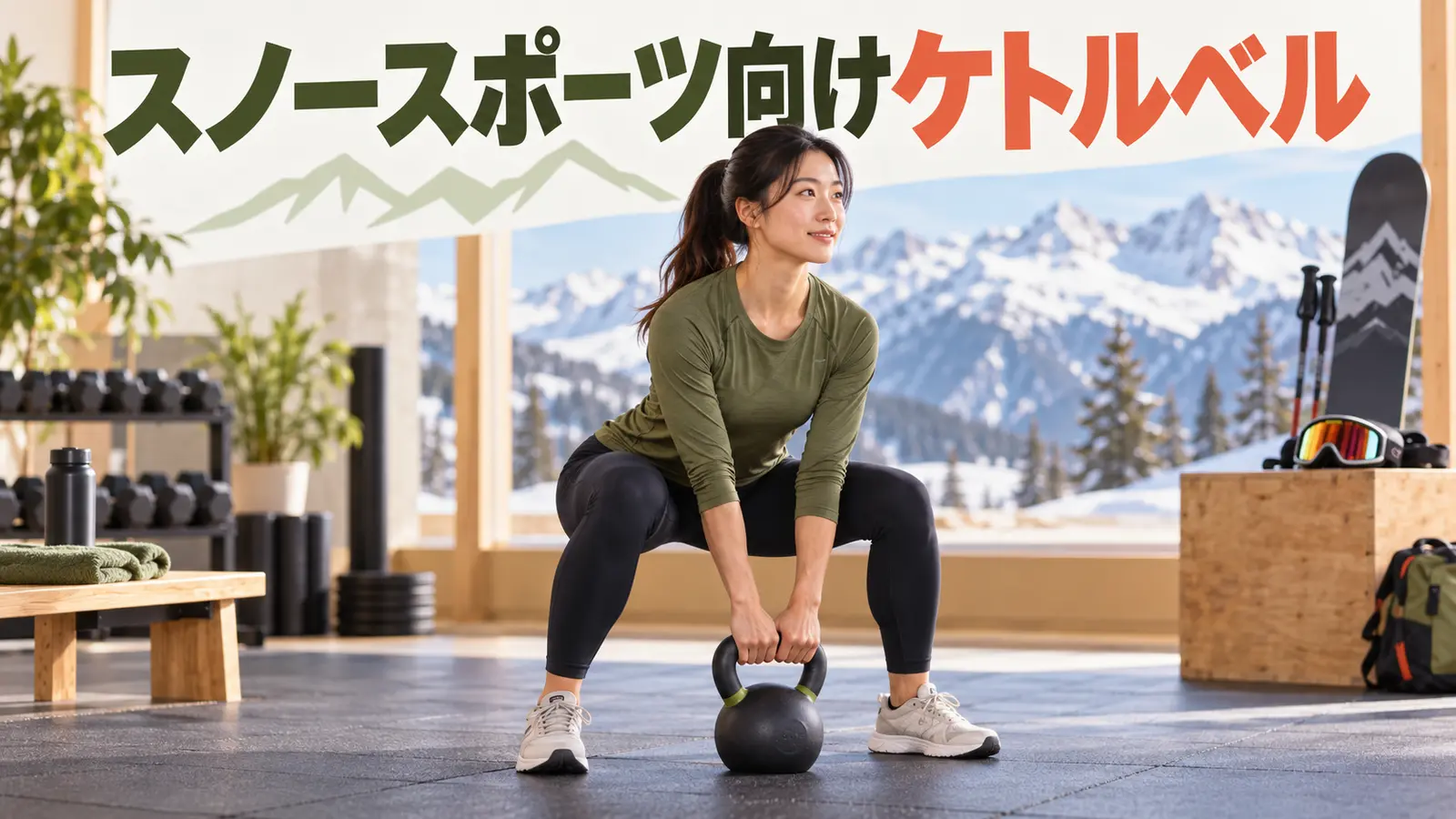 スノースポーツ向けケトルベルトレーニング｜脚力とバランスを補強を示すケトルベル補強のイラスト