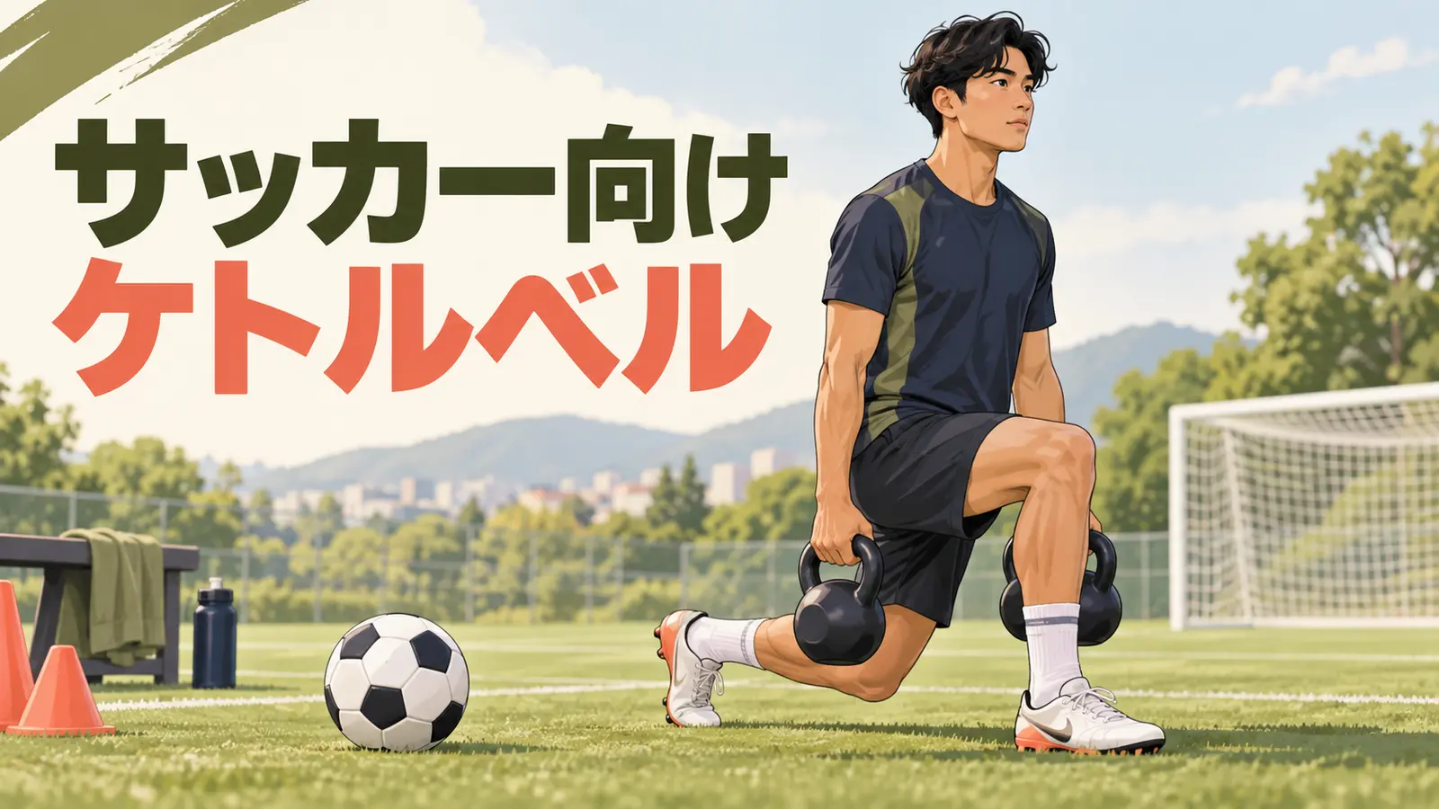 サッカー向けケトルベルトレーニング|片脚安定と切り返しを補強を示すケトルベル補強のイラスト