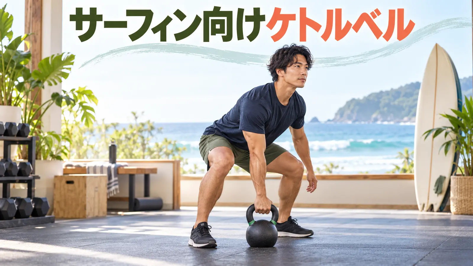 サーフィン向けケトルベルトレーニング｜パドリングと立ち上がりを補強を示すケトルベル補強のイラスト