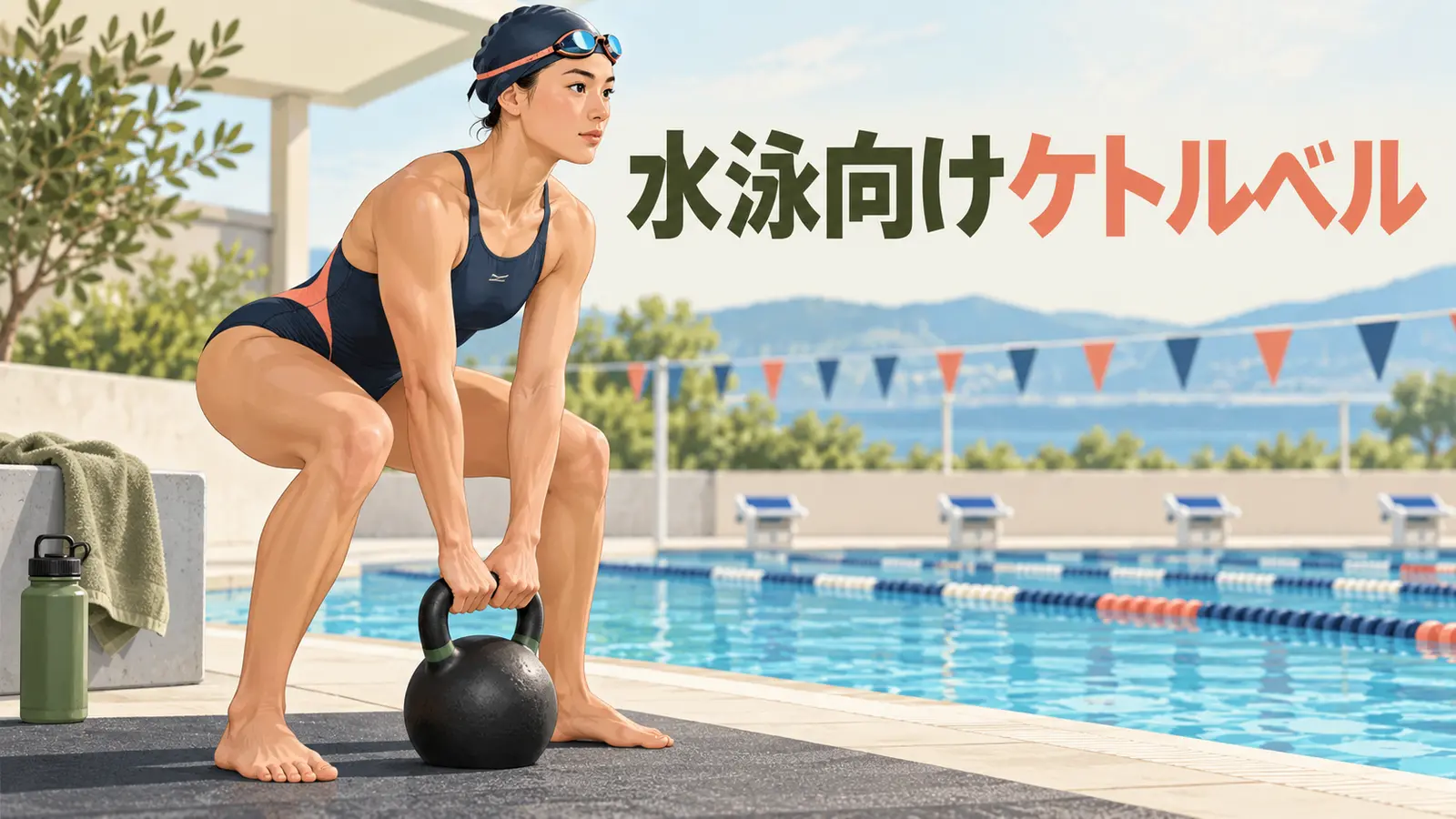 水泳向けケトルベルトレーニング|肩を守りながら体幹と下半身を補強を示すケトルベル補強のイラスト