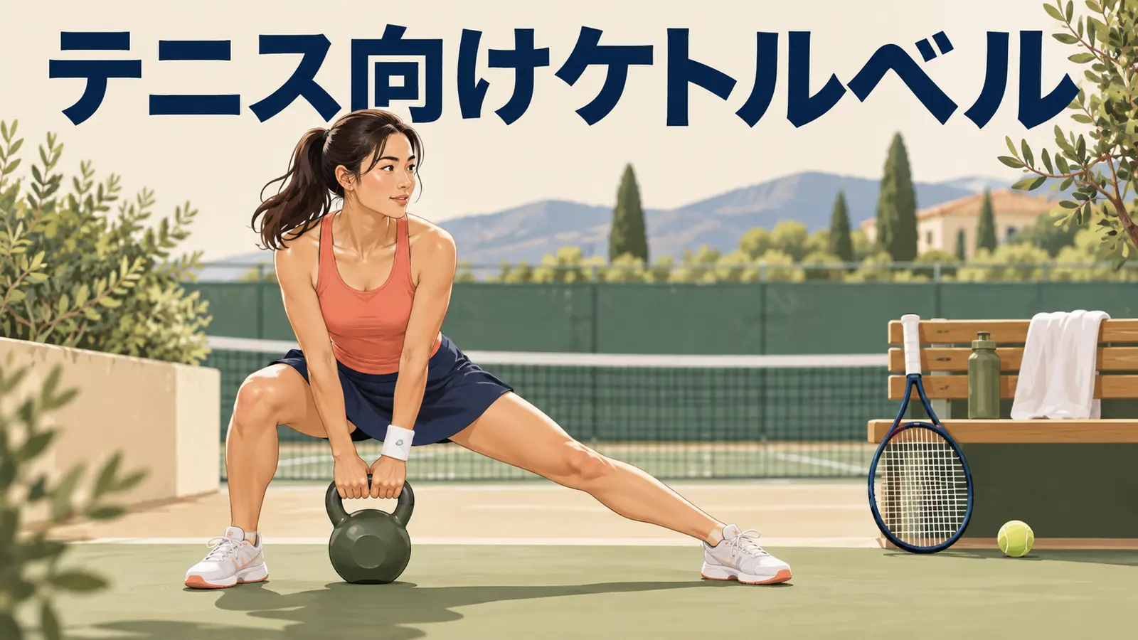 テニス向けケトルベルトレーニング｜切り返しと体幹を支える補強を示すケトルベル補強のイラスト