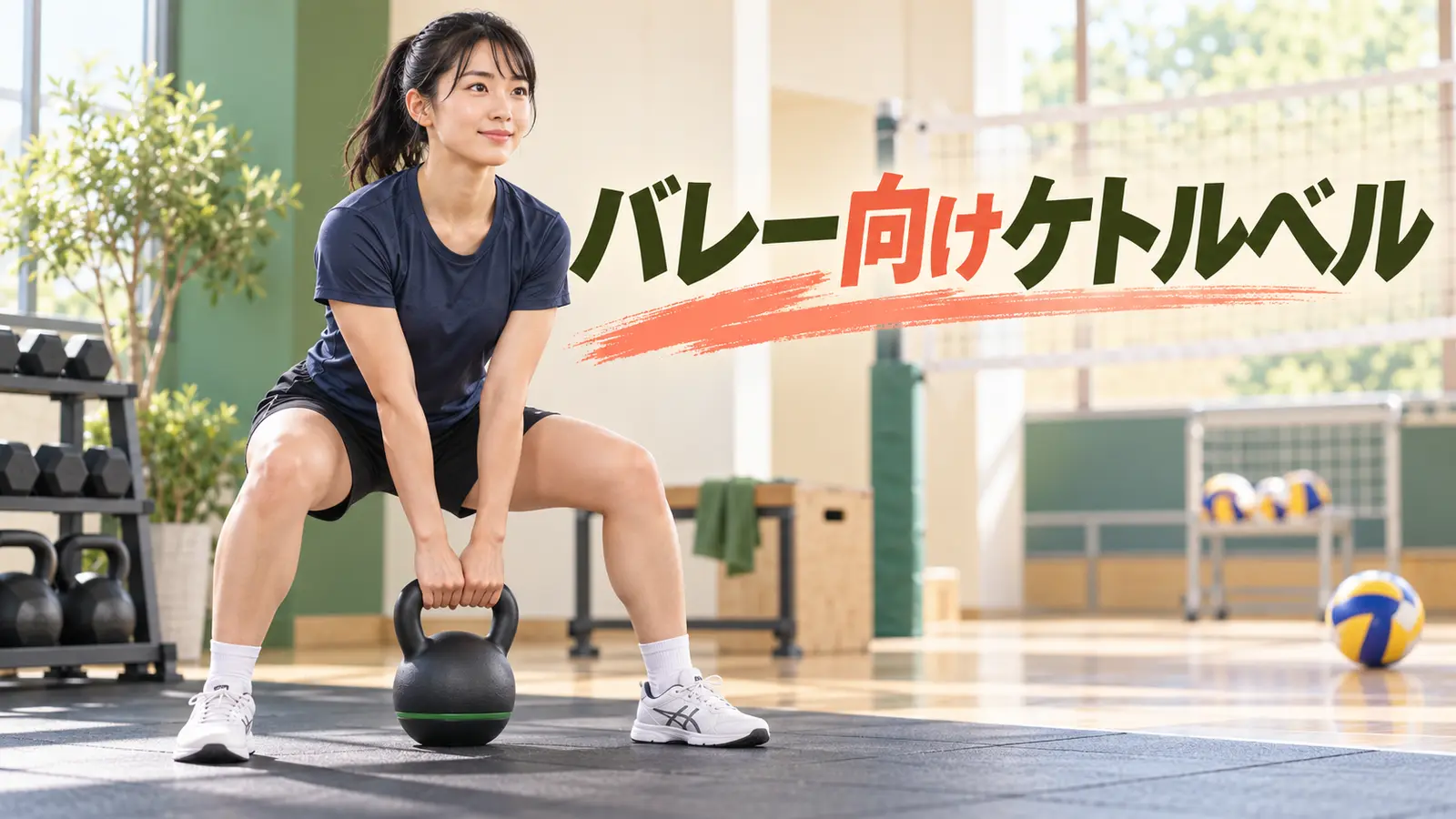 バレーボール向けケトルベルトレーニング|ジャンプと肩を支える補強を示すケトルベル補強のイラスト