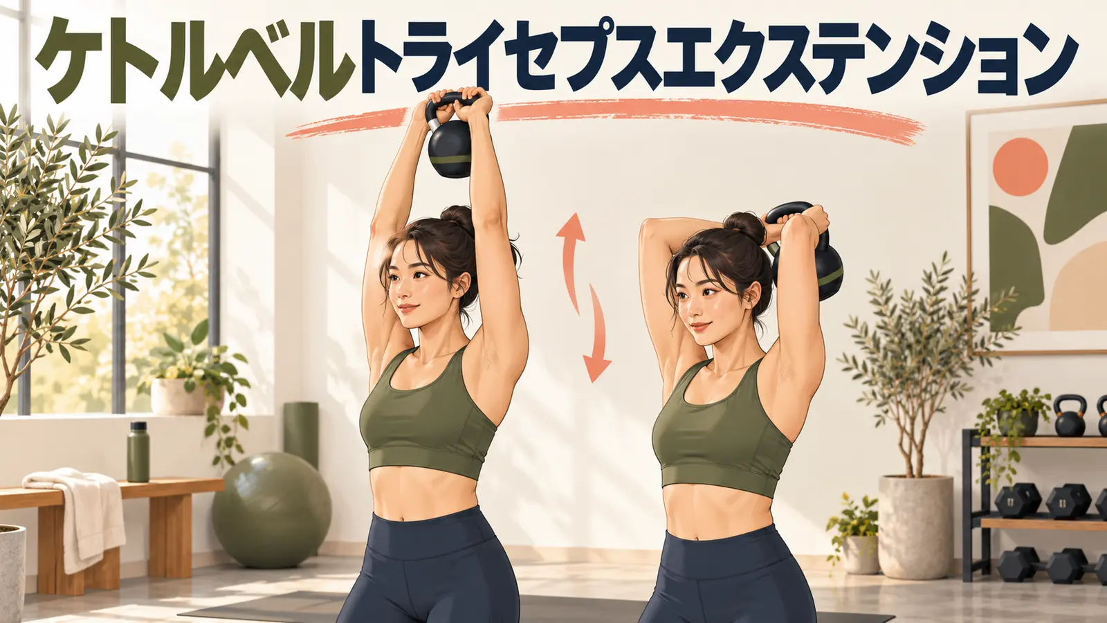 両手でケトルベルを頭上保持して肘を曲げ伸ばす人物