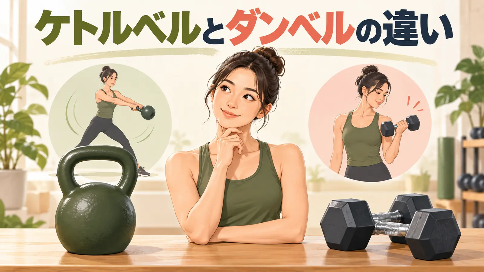 ケトルベルとダンベルの違い｜目的・種目・自宅での選び方を示すケトルベル補強のイラスト