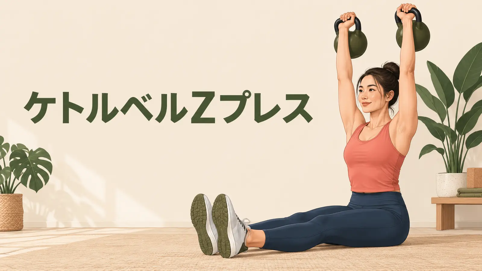 脚の反動を使えない床座りで、肩の押す力と体幹の姿勢保持力を鍛える様子