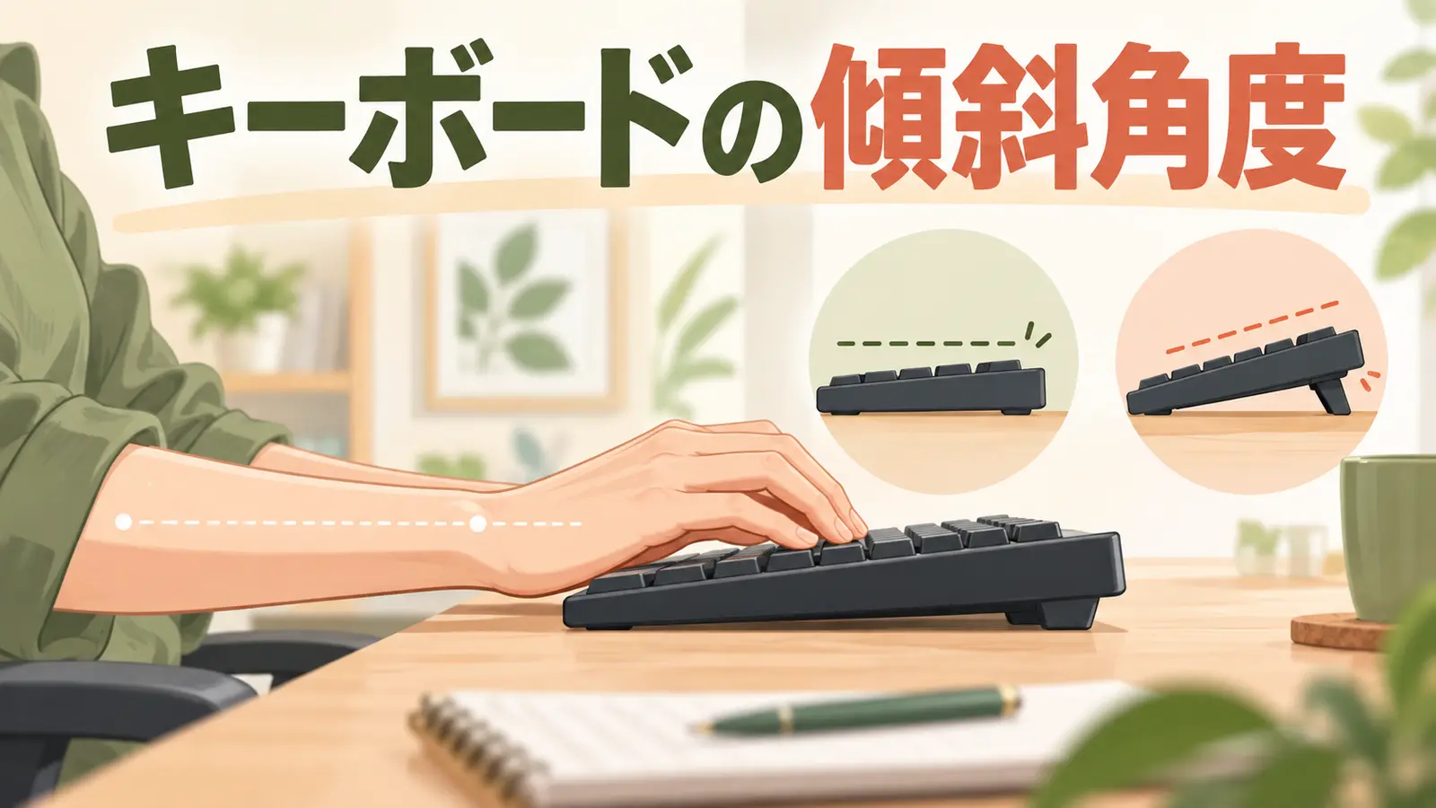 キーボードの傾斜角度の正しい配置を示すアイキャッチ