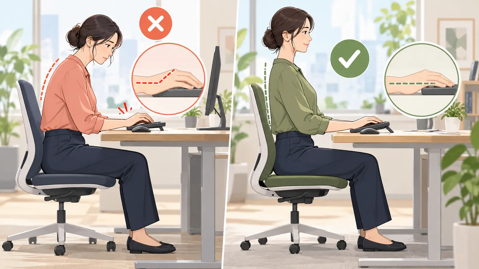 キーボード傾斜と手首角度を比較したイラスト
