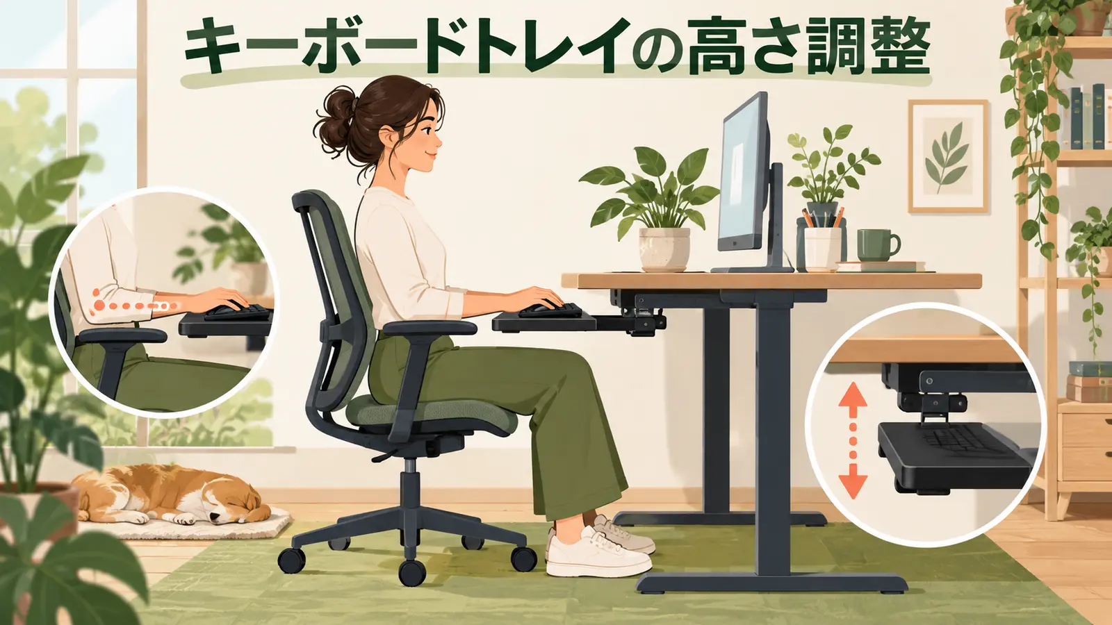 膝と肘に余裕を残したキーボードトレイ