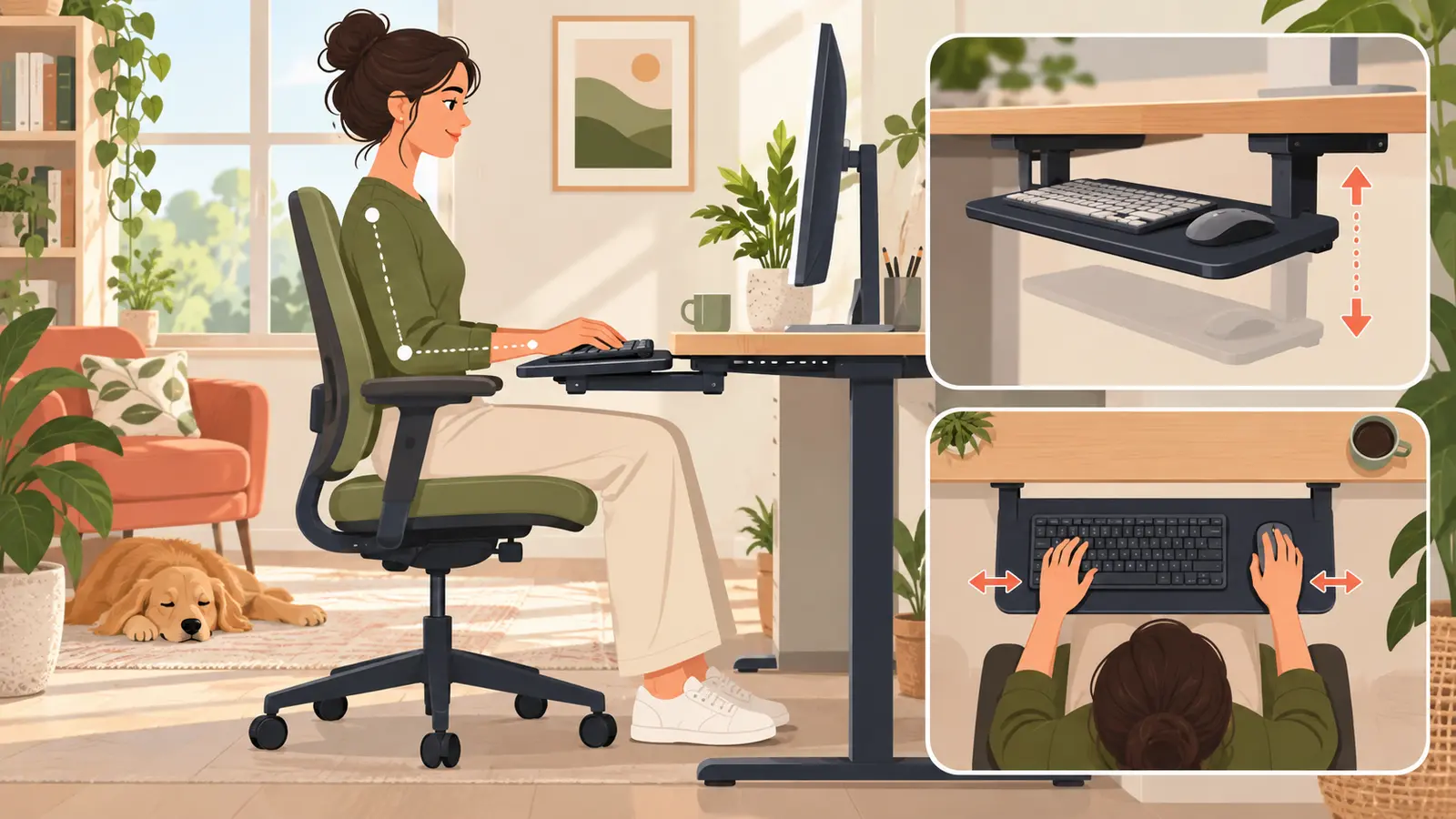 膝と肘に余裕を残したキーボードトレイを具体的に示すイラスト