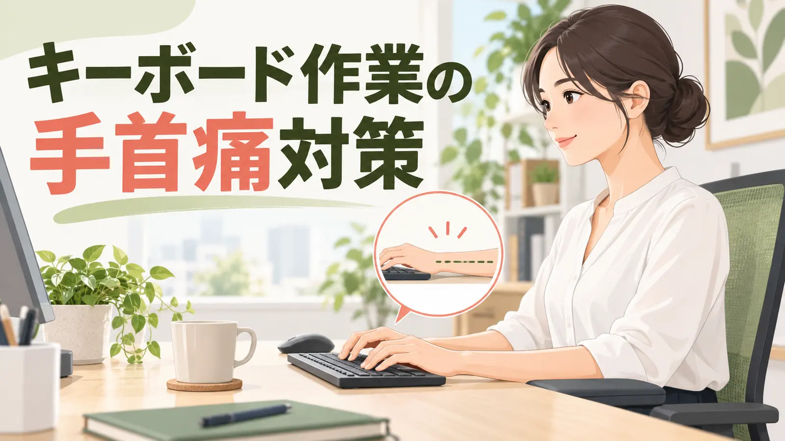 手首を反らさずキーボードへ自然に手を置くオフィスワーカー