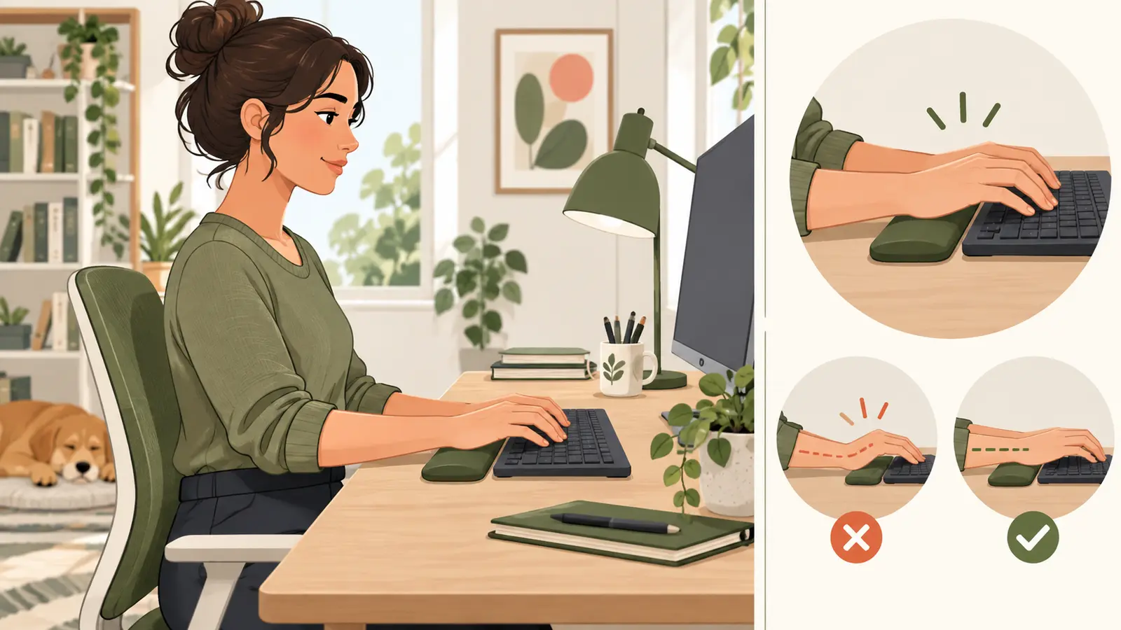 手のひら側を軽く支えるキーボード用リストレストを具体的に示すイラスト