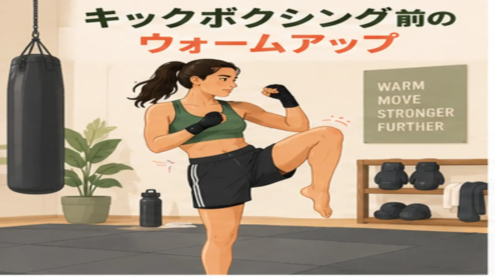 キックボクシング前にウォームアップする人物のイラスト