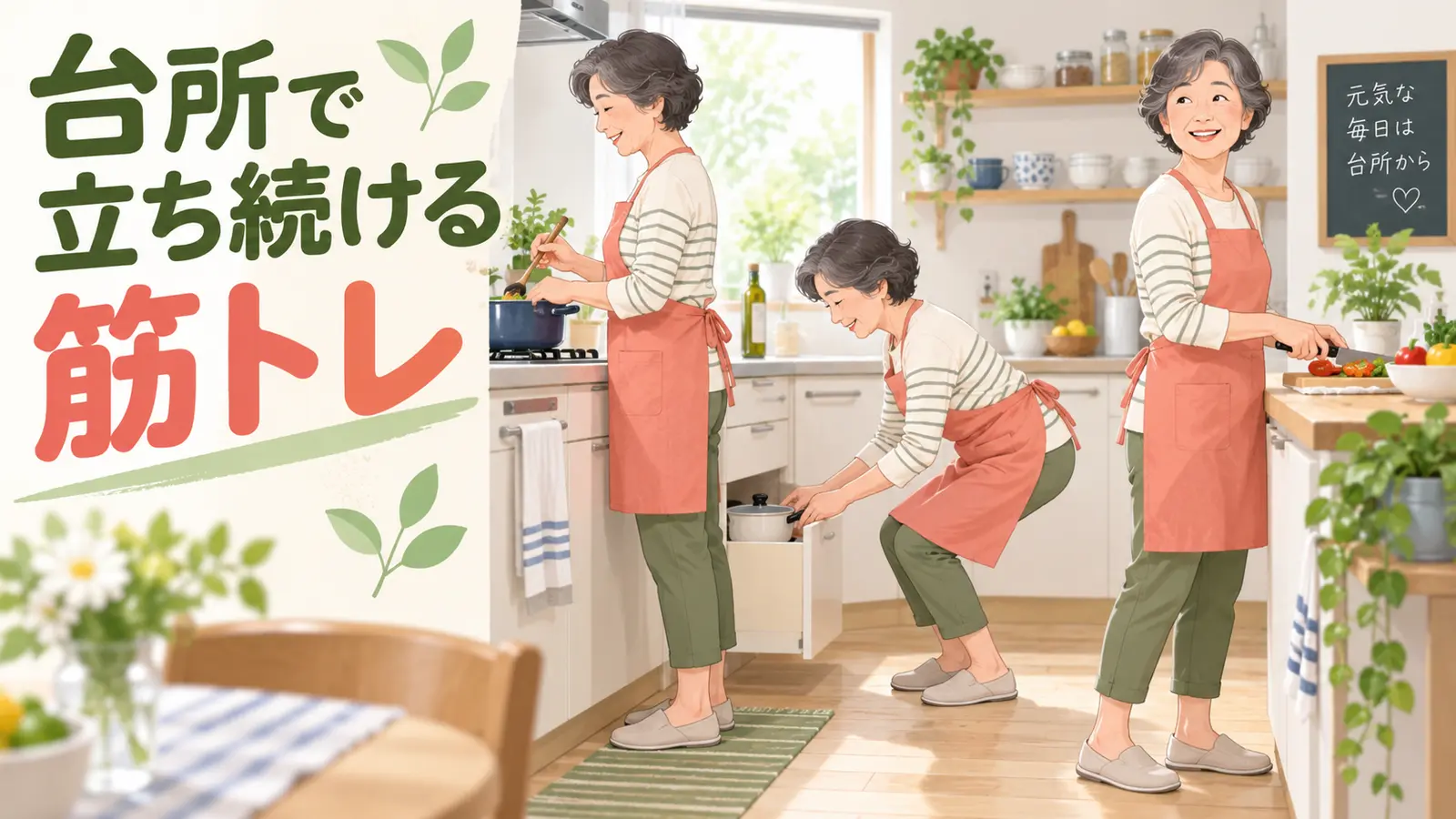 姿勢を変えながら台所で料理する中高年女性