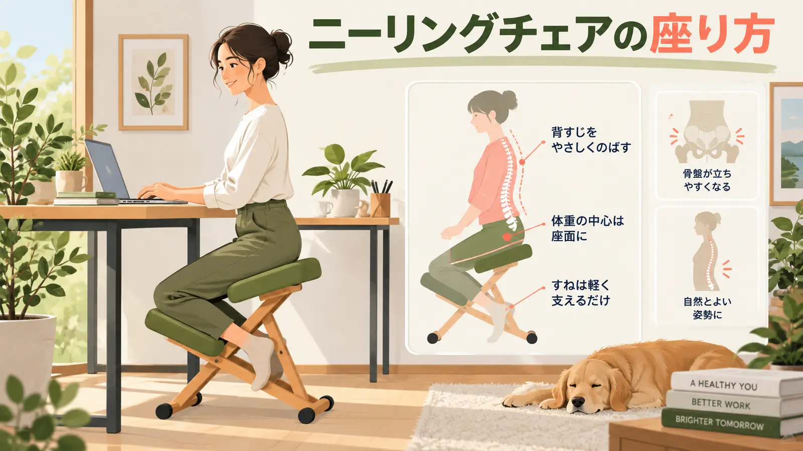 膝へ荷重を集めないニーリングチェアの座り方