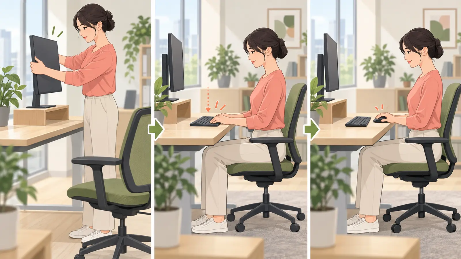 画面台とキーボードとマウスを配置するイラスト