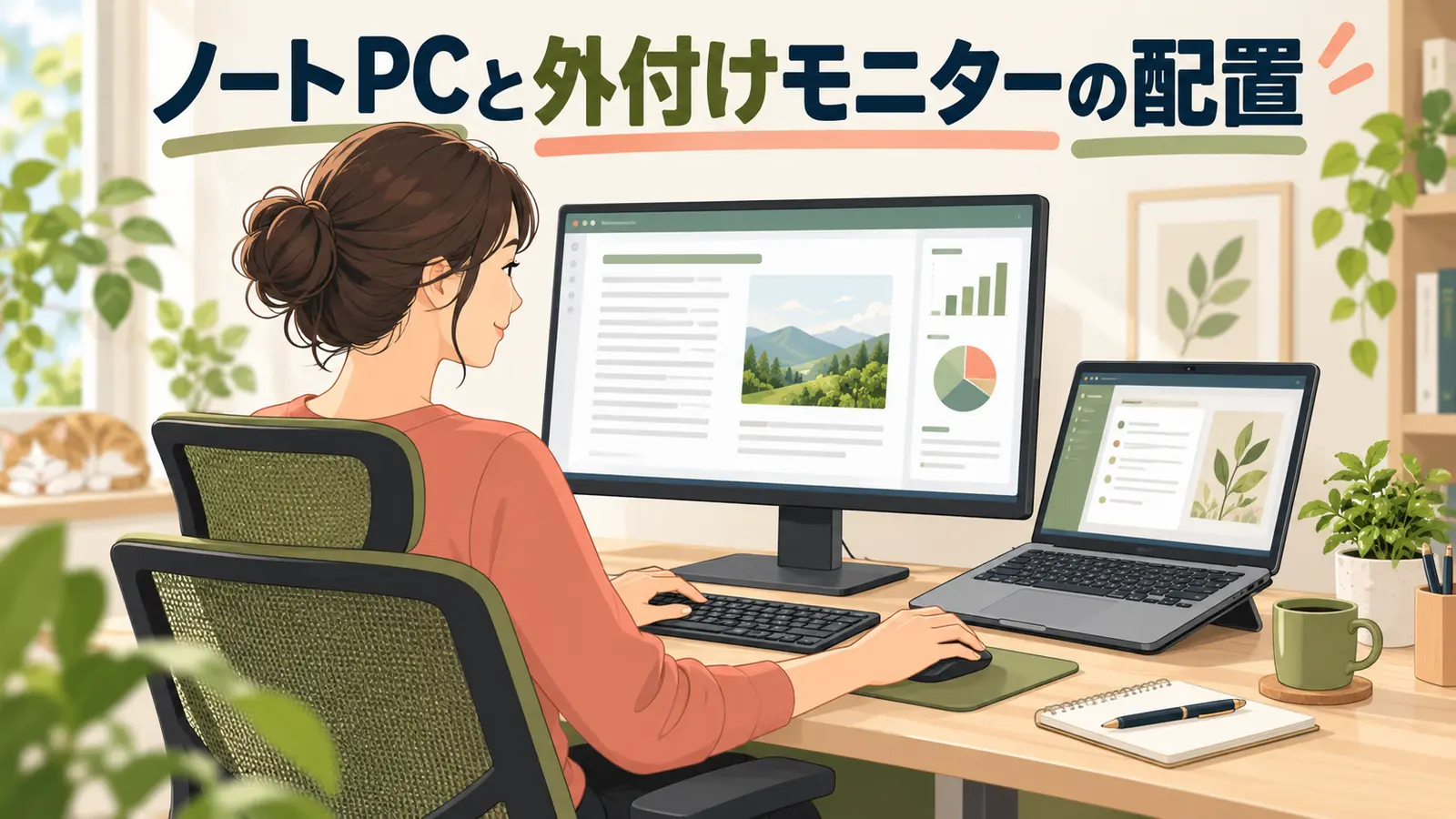 ノートパソコンと外付けモニターの正しい配置を示すアイキャッチ