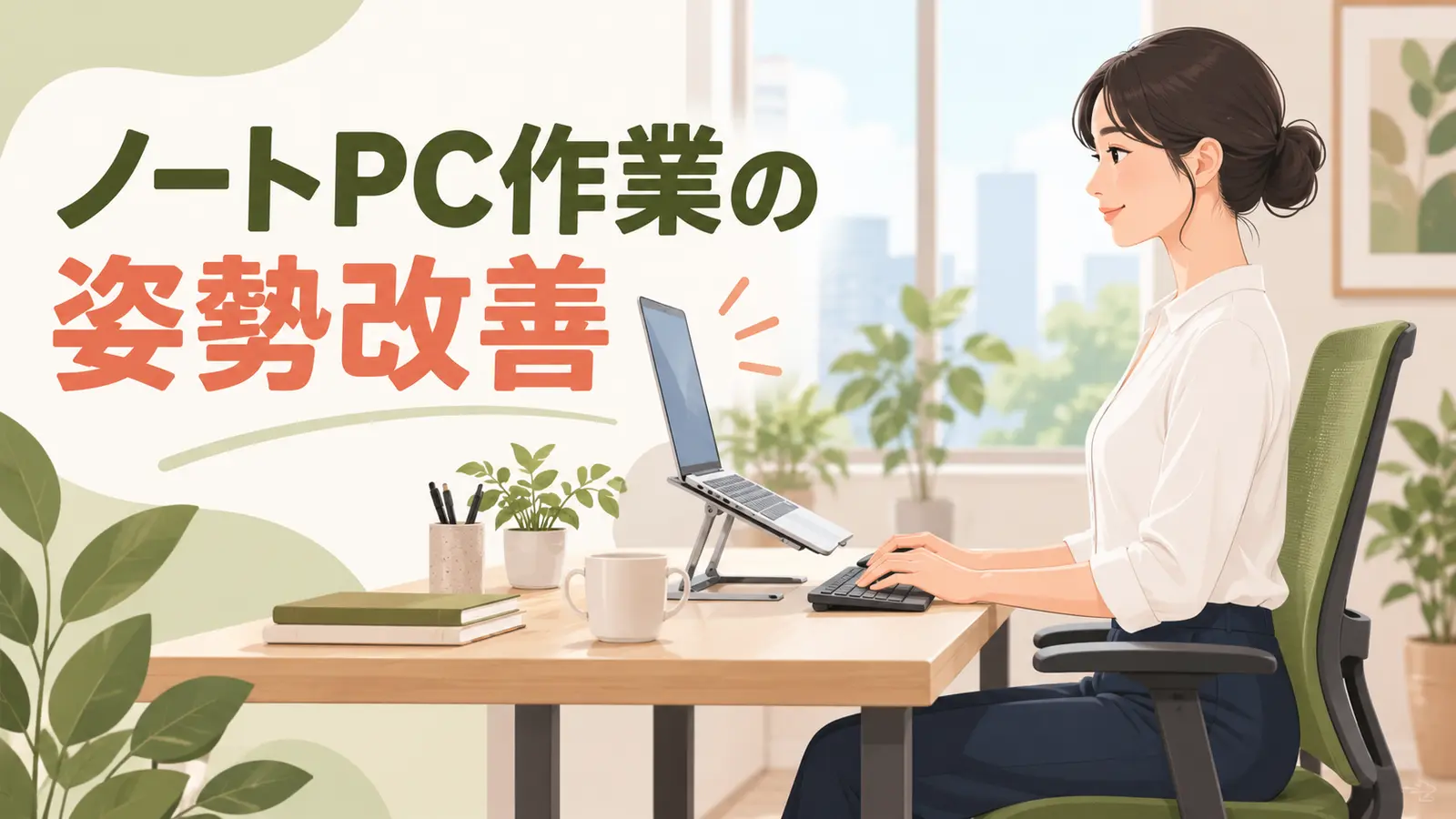 ノートパソコンを台に置き外付けキーボードで作業する姿勢