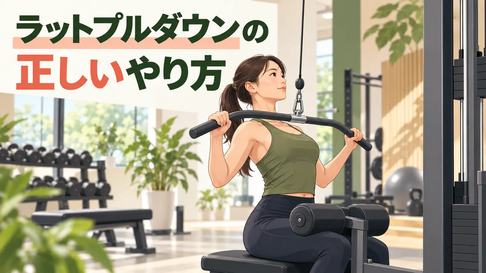 ラットプルダウンを正しいフォームで行うイラスト