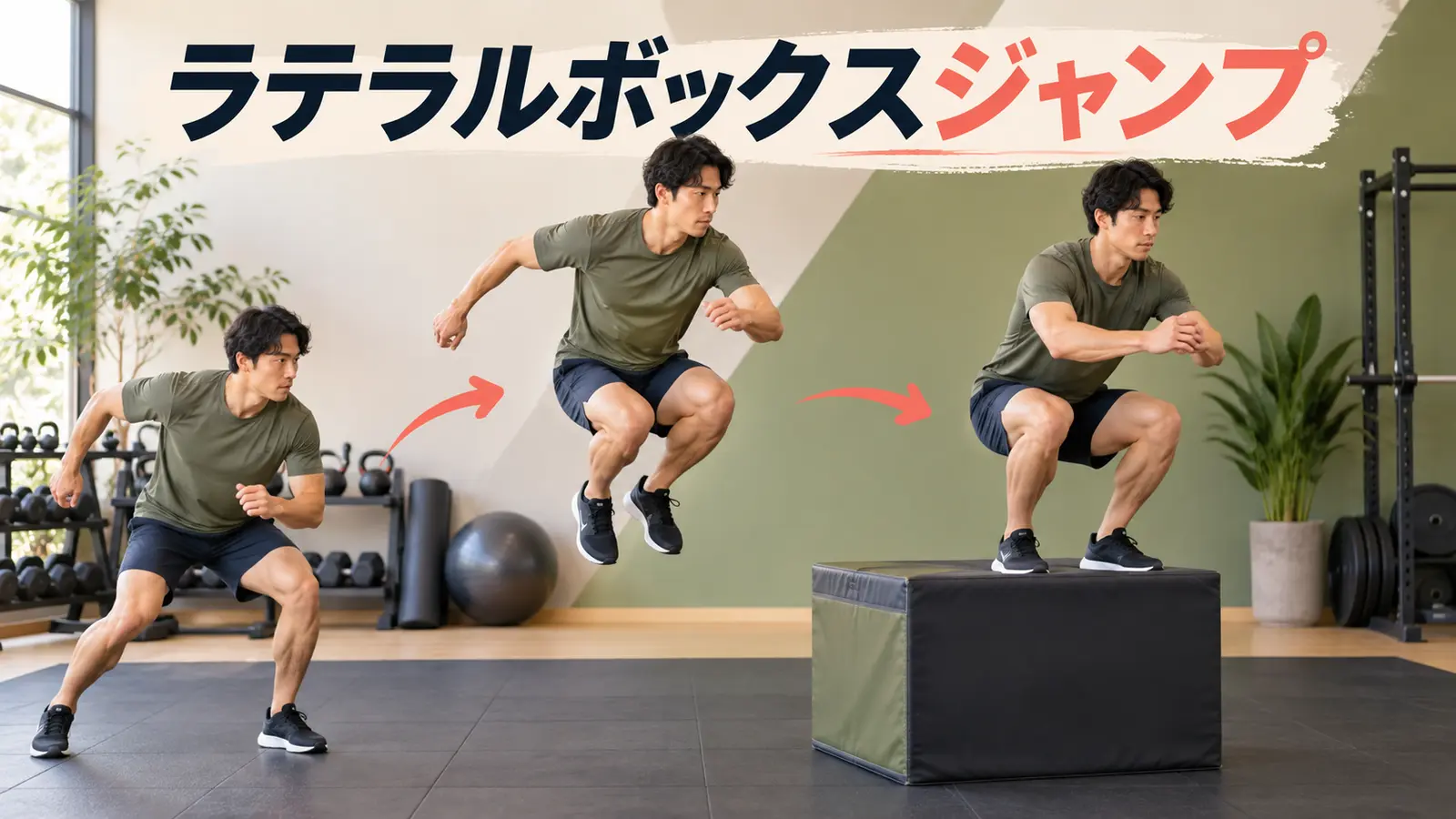 低い箱へ横方向に跳び着地する様子