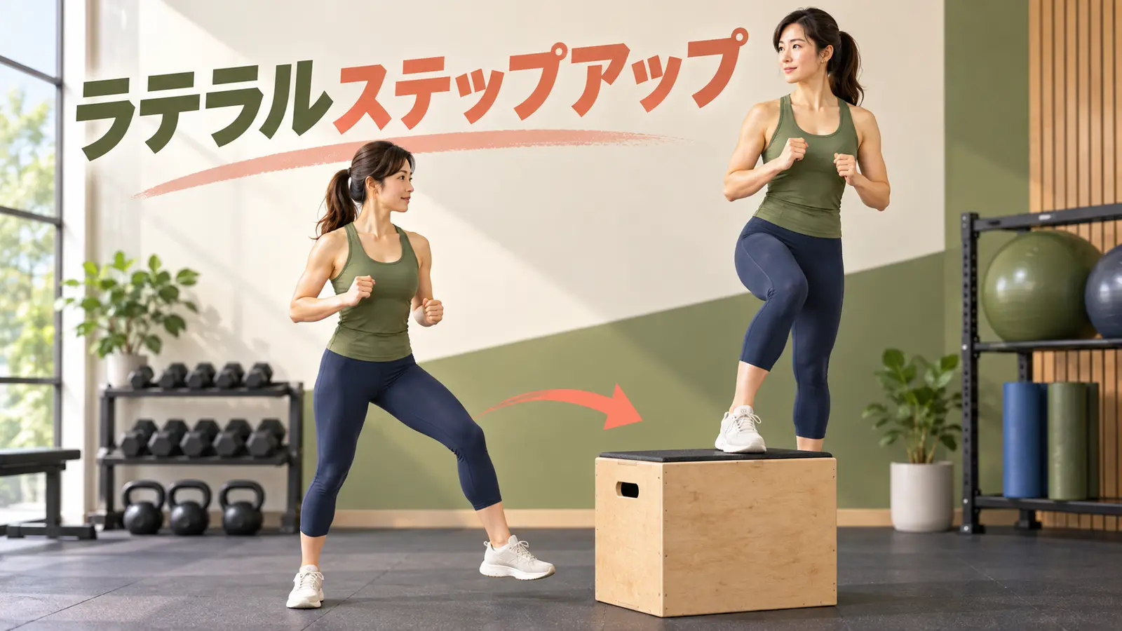 箱の横から安全にラテラルステップアップする様子