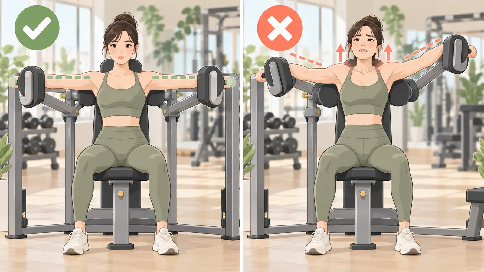 ラテラルレイズマシンの正しい設定とよくある間違いを比較したイラスト