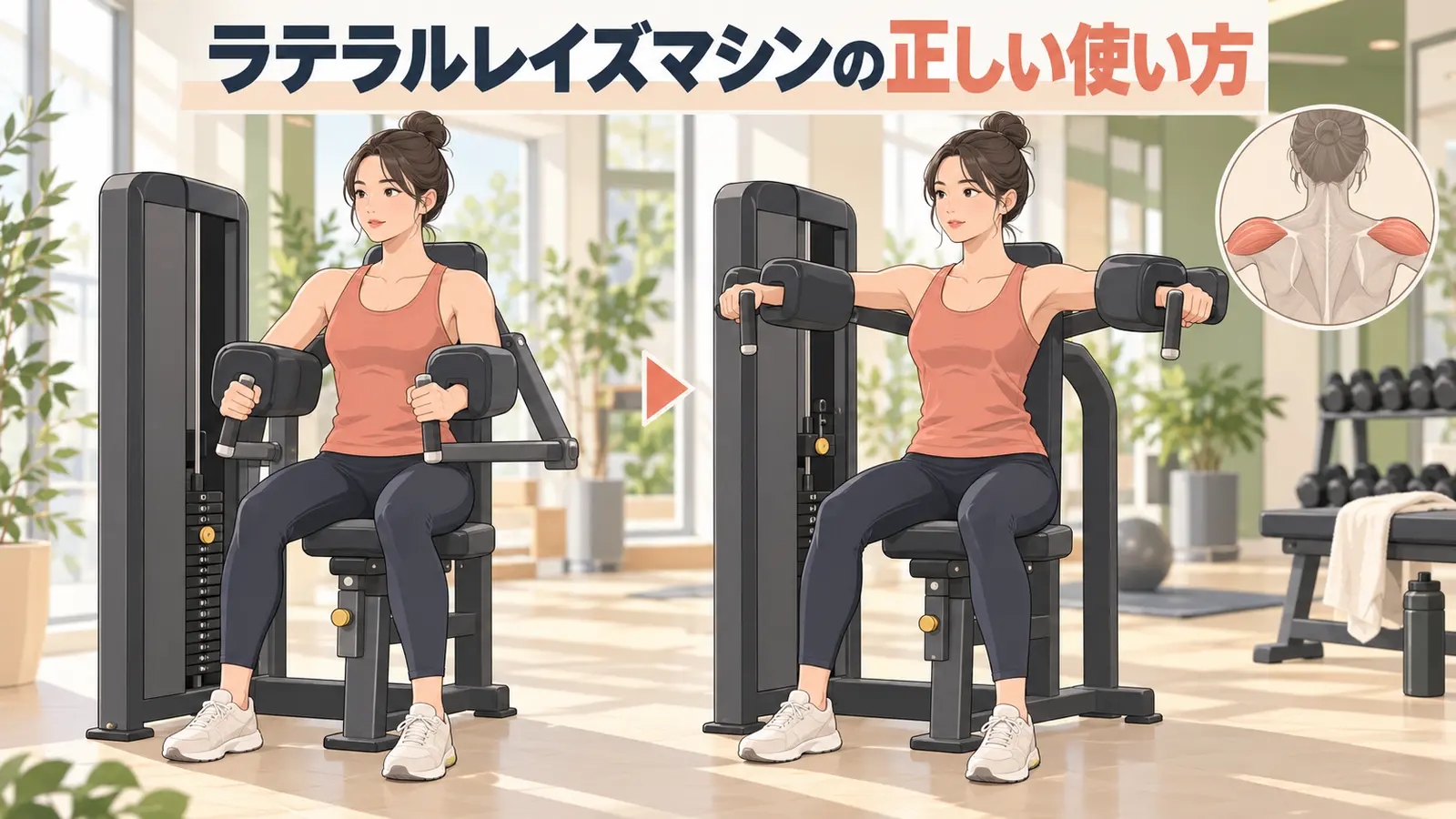 ラテラルレイズマシンを正しい姿勢で行うイラスト