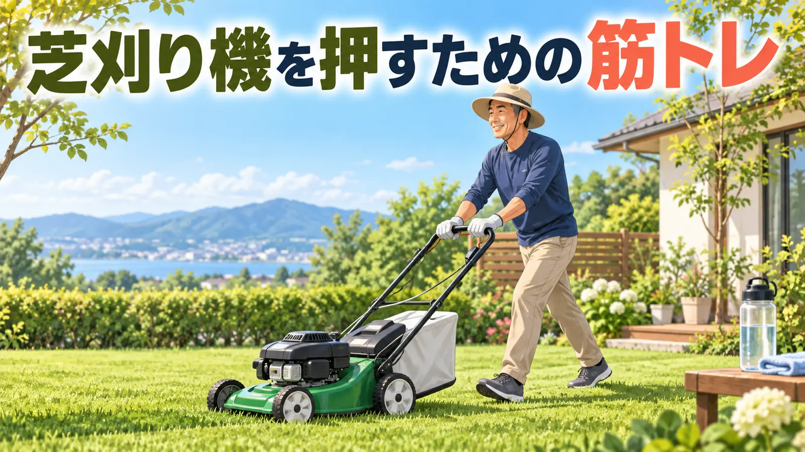 庭で正しい姿勢で芝刈り機を押す中高年男性