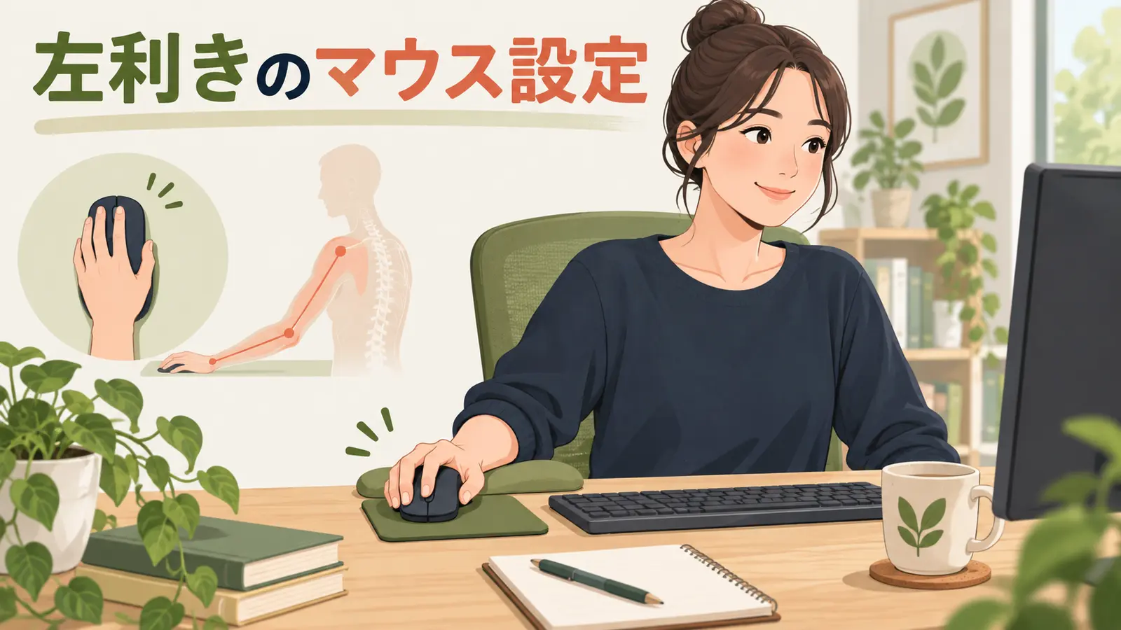 左手の自然な位置に配置したマウス