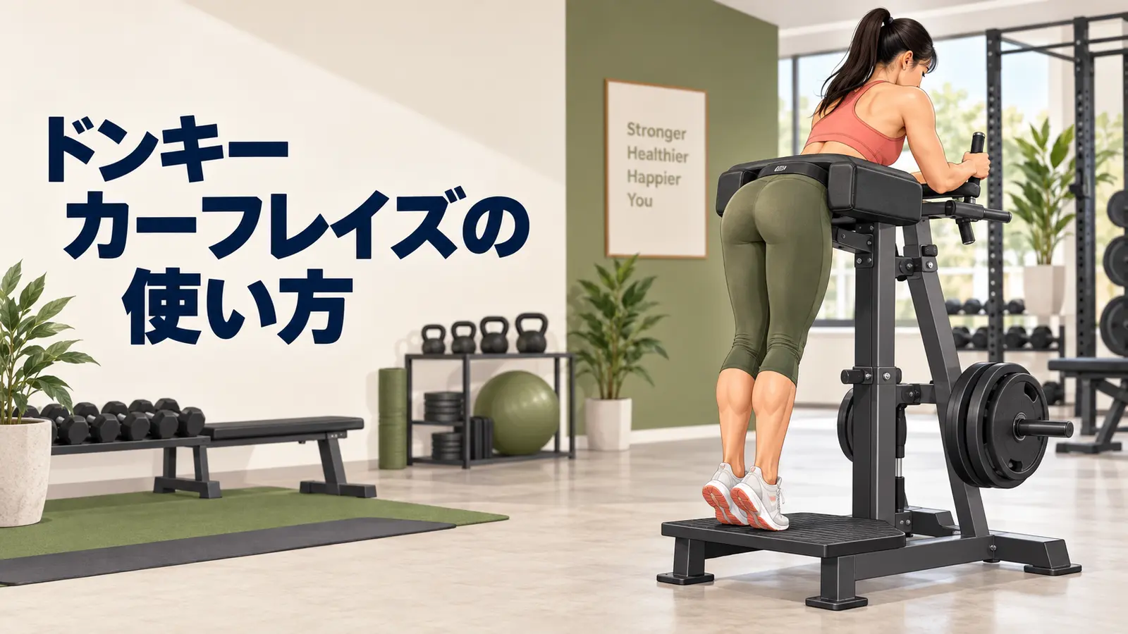 レバレッジスクワットマシンの設定とフォームを示すイラスト
