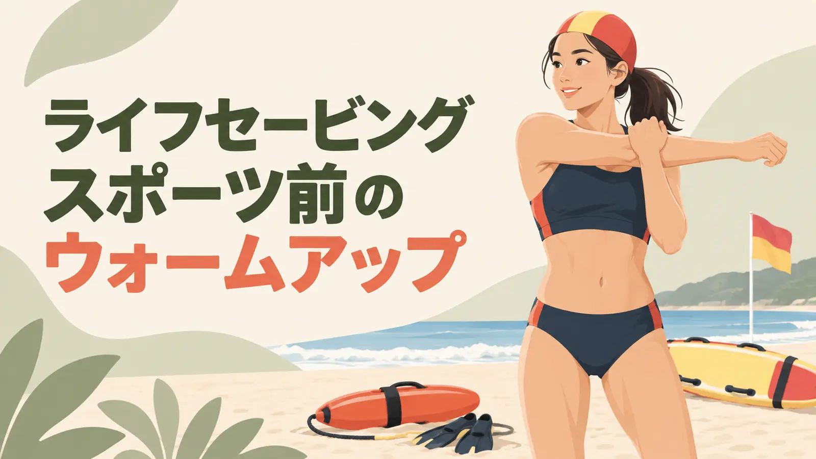 ライフセービングスポーツ前のウォームアップを紹介するイラスト
