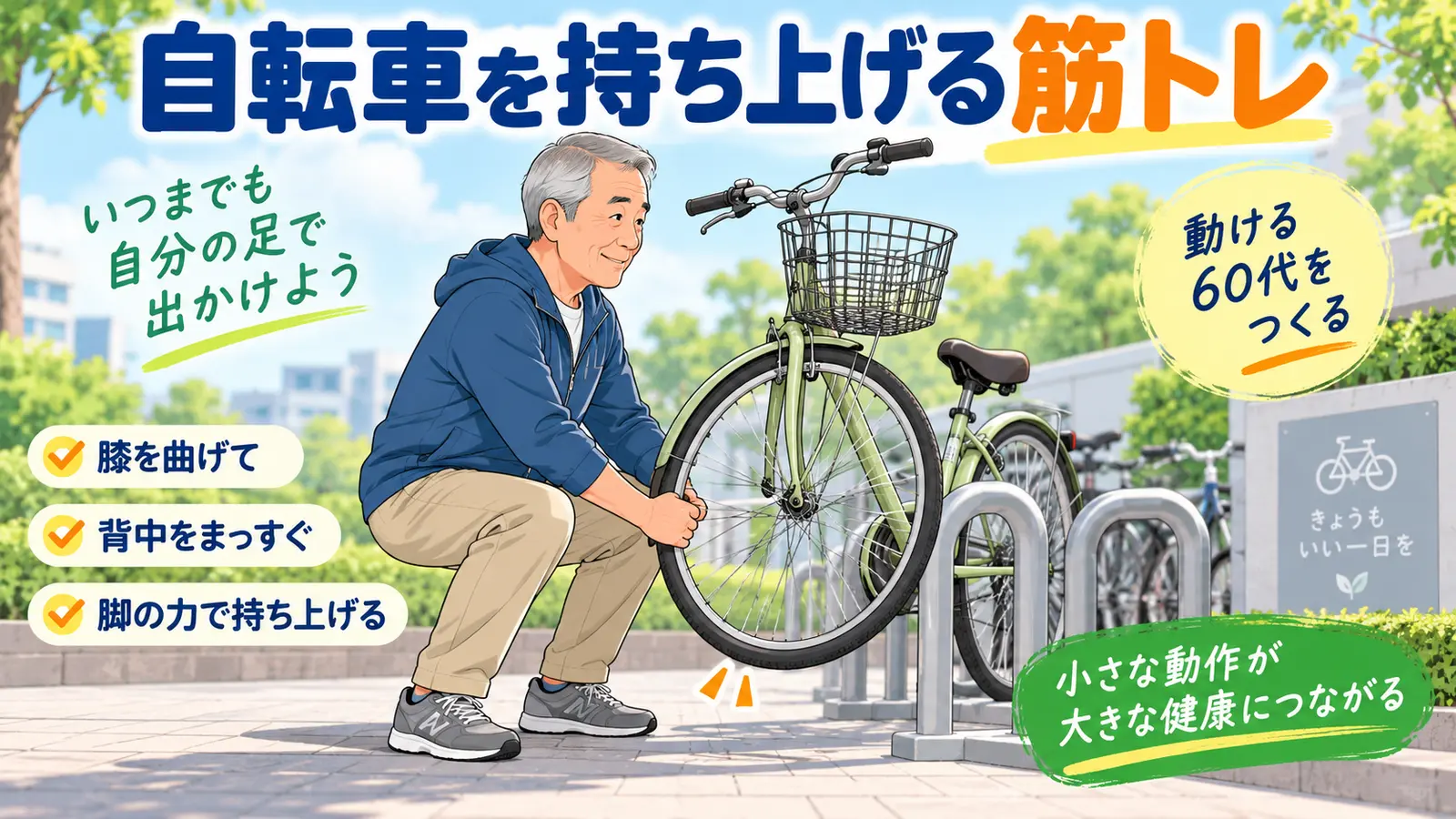 駐輪ラックで自転車を膝を曲げて持ち上げる中高年男性
