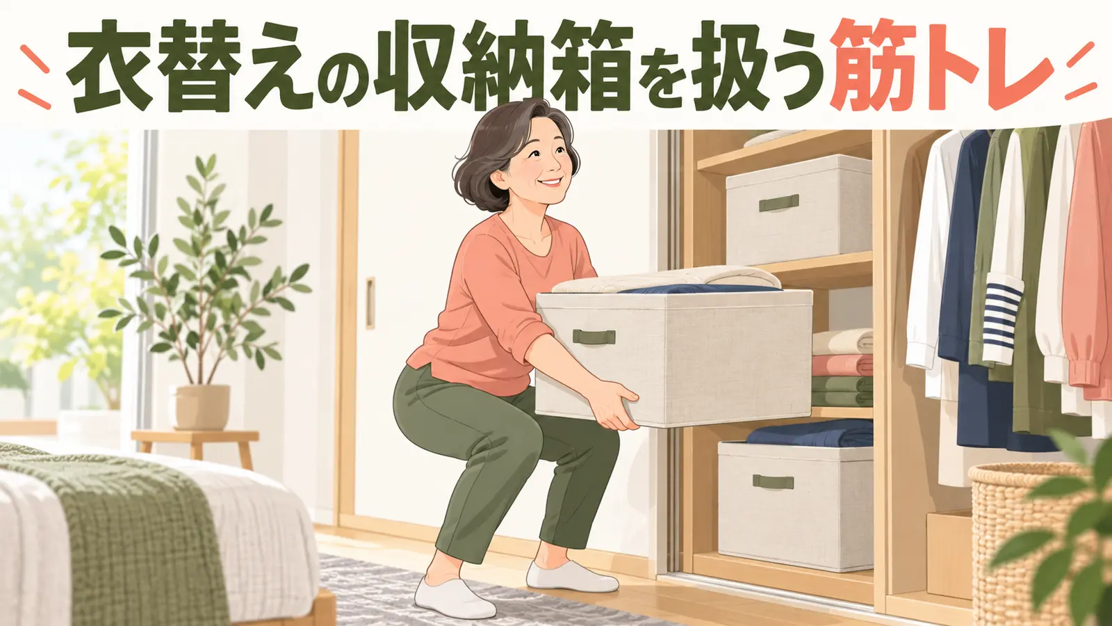 クローゼット上段の箱を扱う筋トレのイメージ