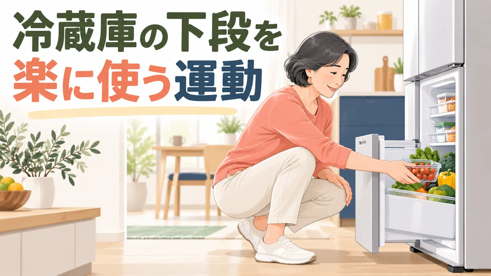 冷蔵庫の下段を楽に使う運動のイメージ