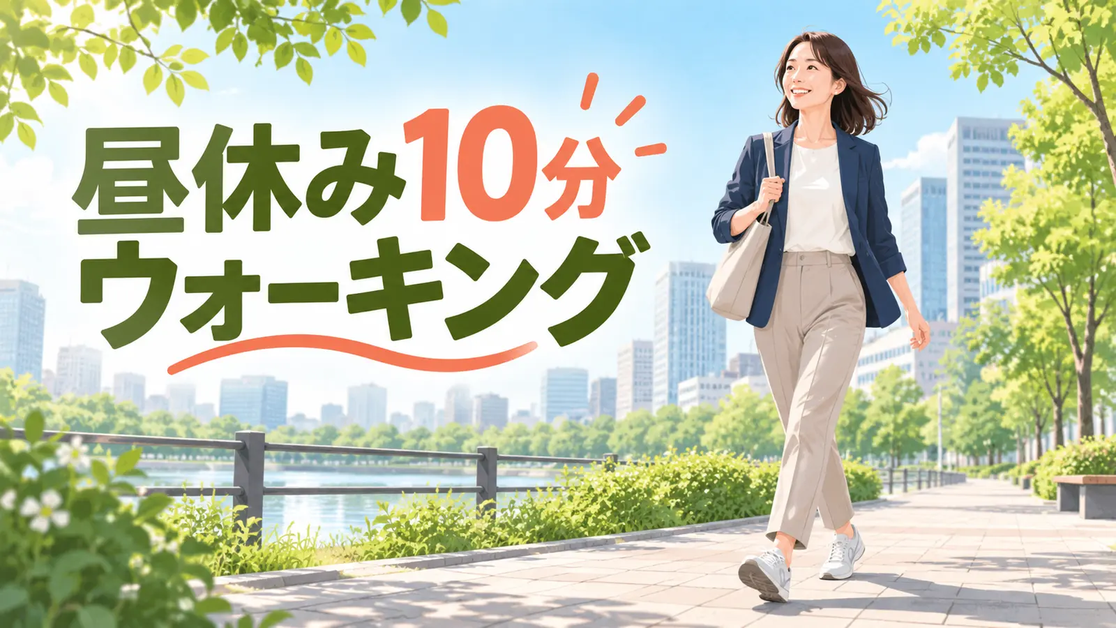 昼休みに街中の公園を歩くオフィスワーカー