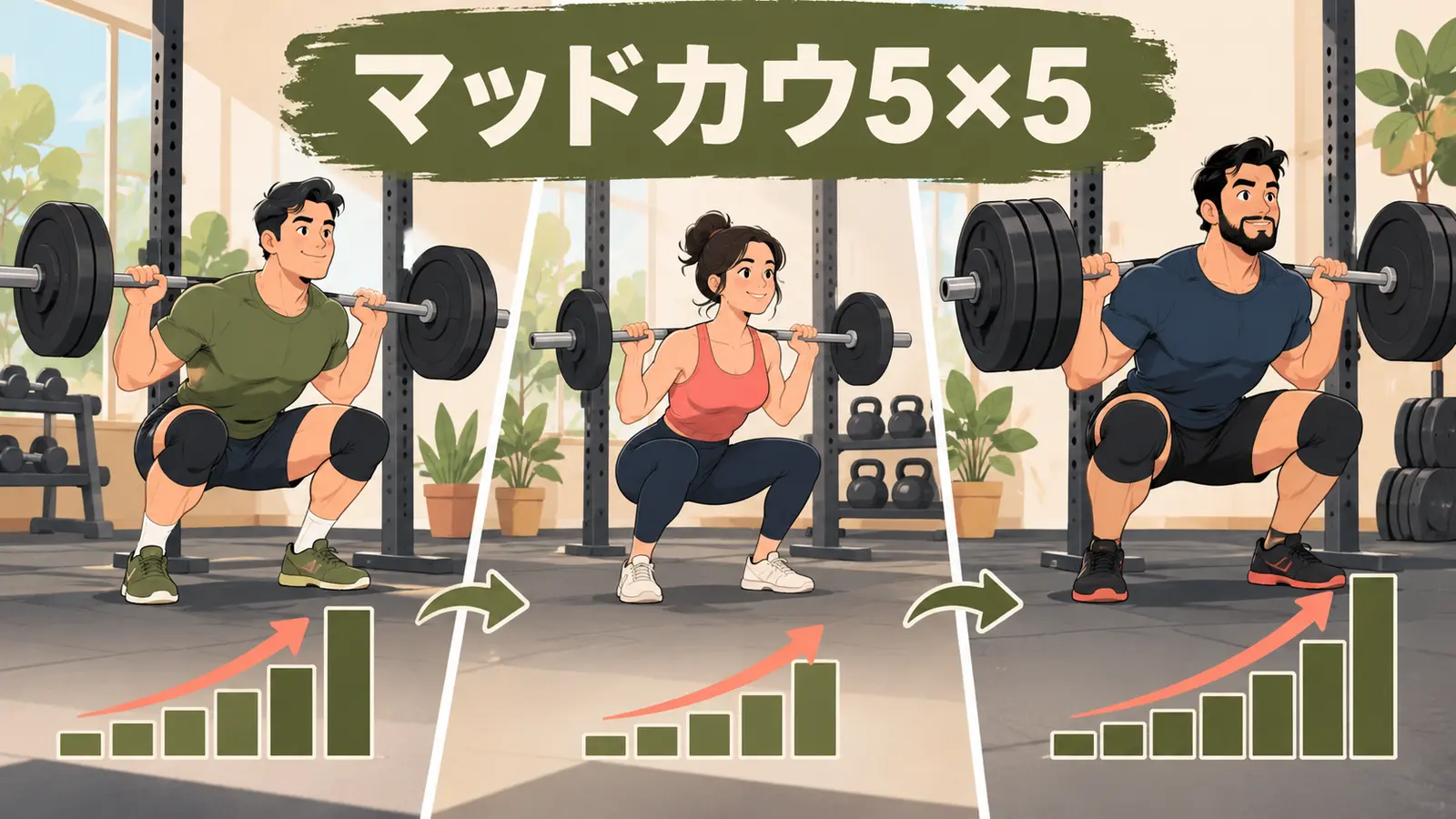マッドカウ5×5のスクワット：週3日の重量と進め方