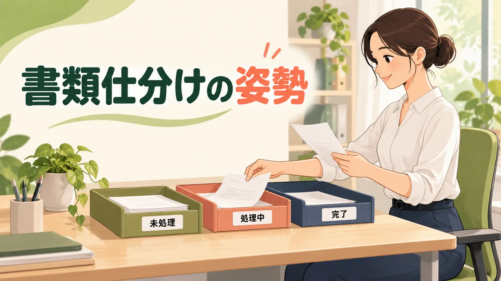 書類トレーの配置と仕分け姿勢