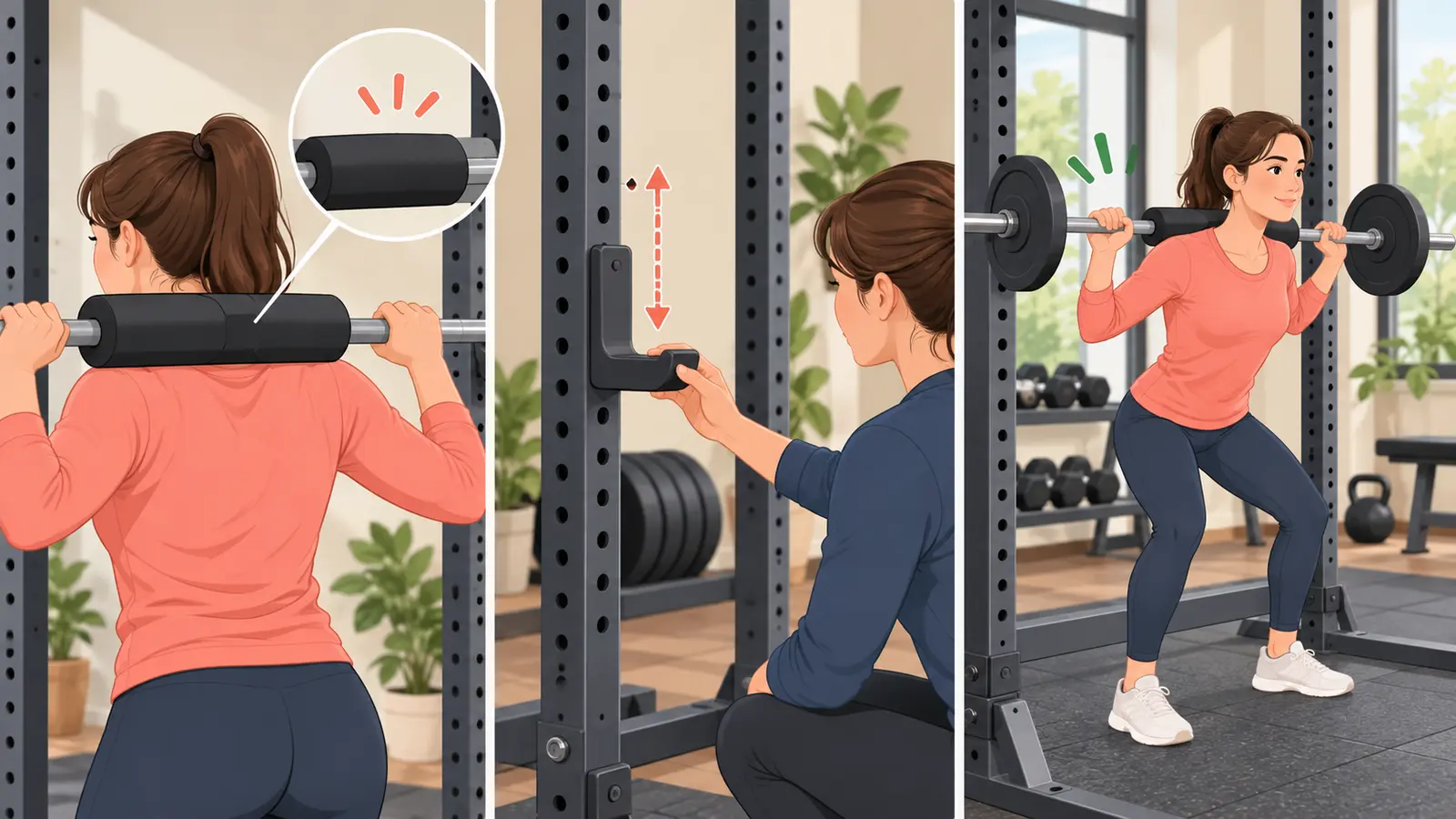 マーズバースクワットの安全な設定と手順を示すイラスト