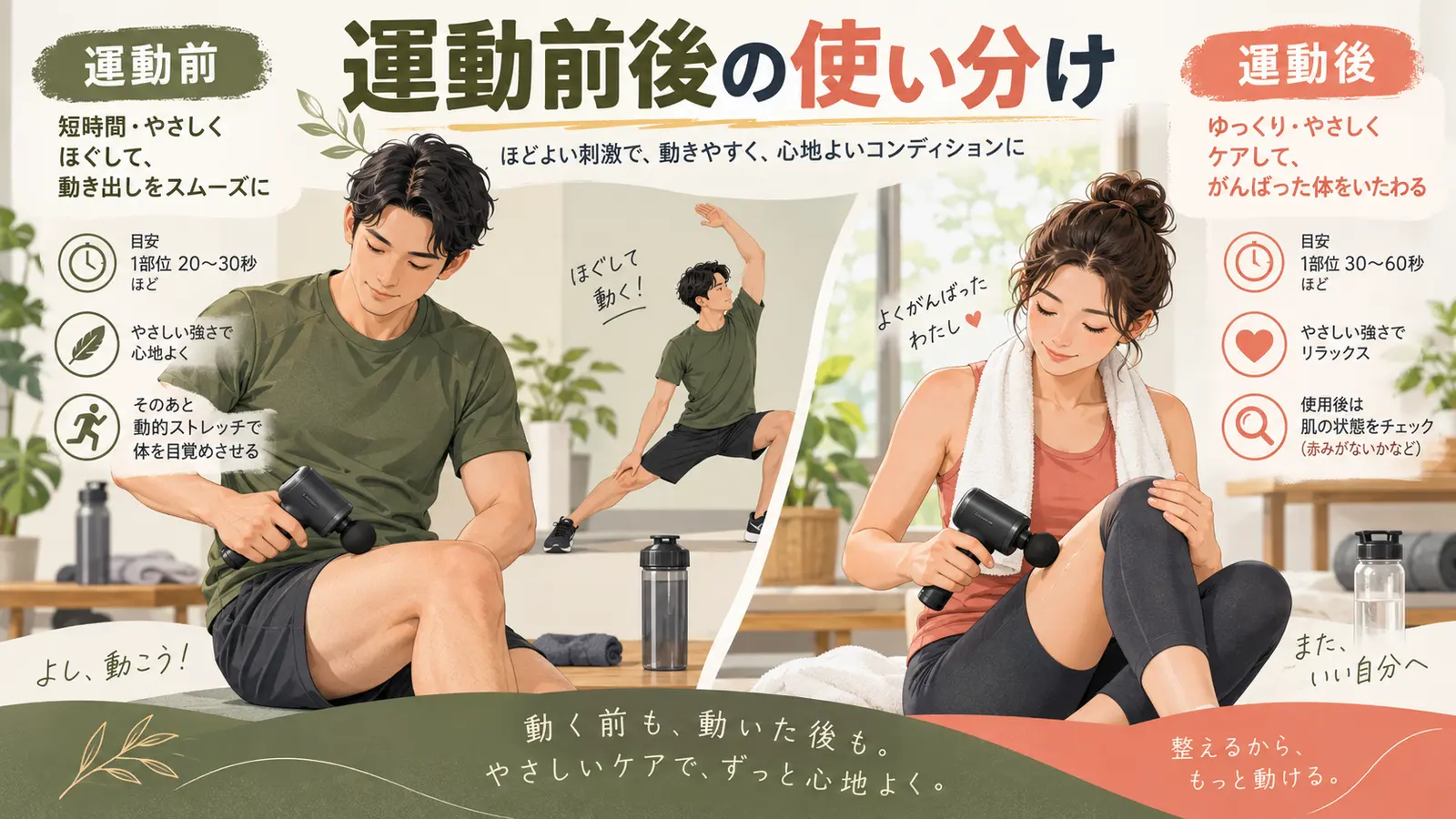 マッサージガンは運動前と運動後でどう使い分ける?強さ・時間の考え方