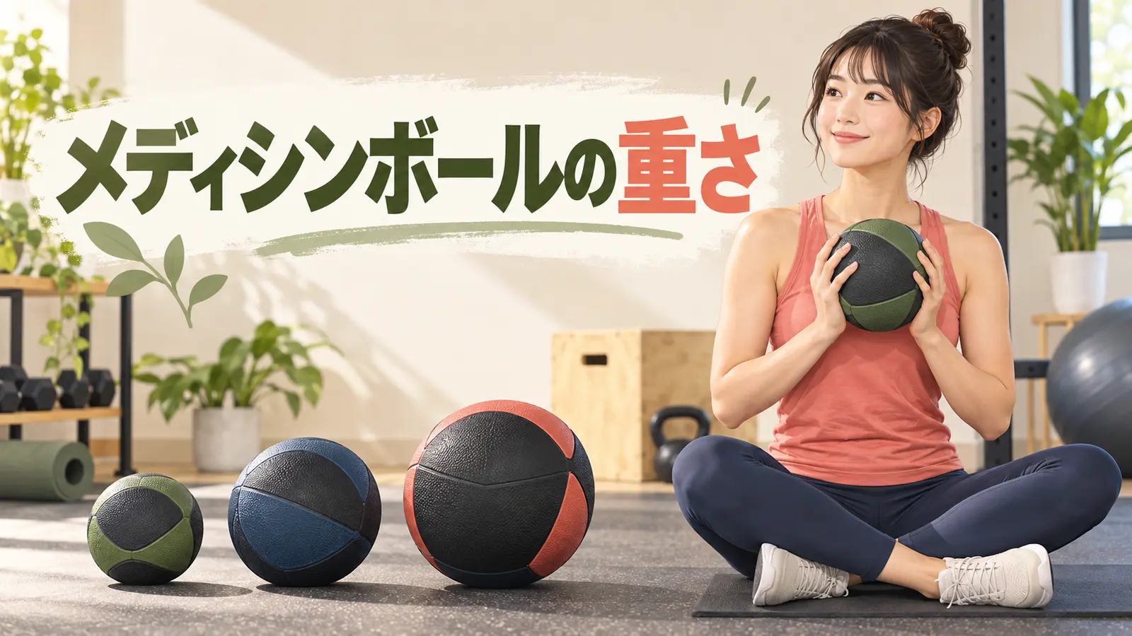 重さの異なるメディシンボールから初心者向けの重量を選ぶ様子