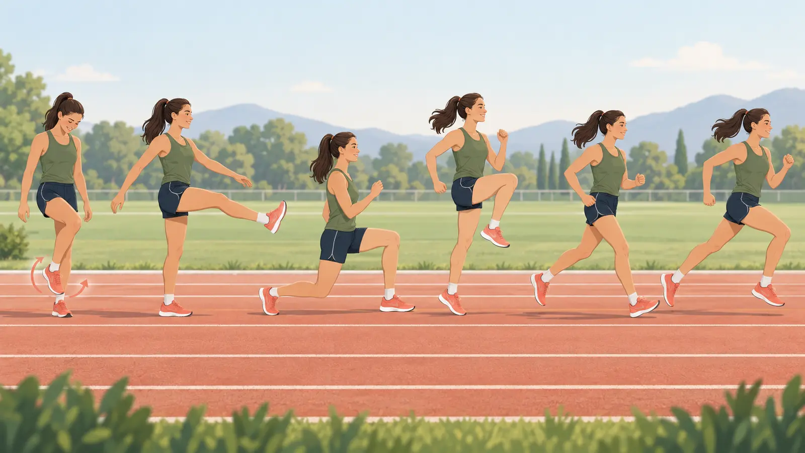 中距離走前のウォームアップ手順を示すイラスト