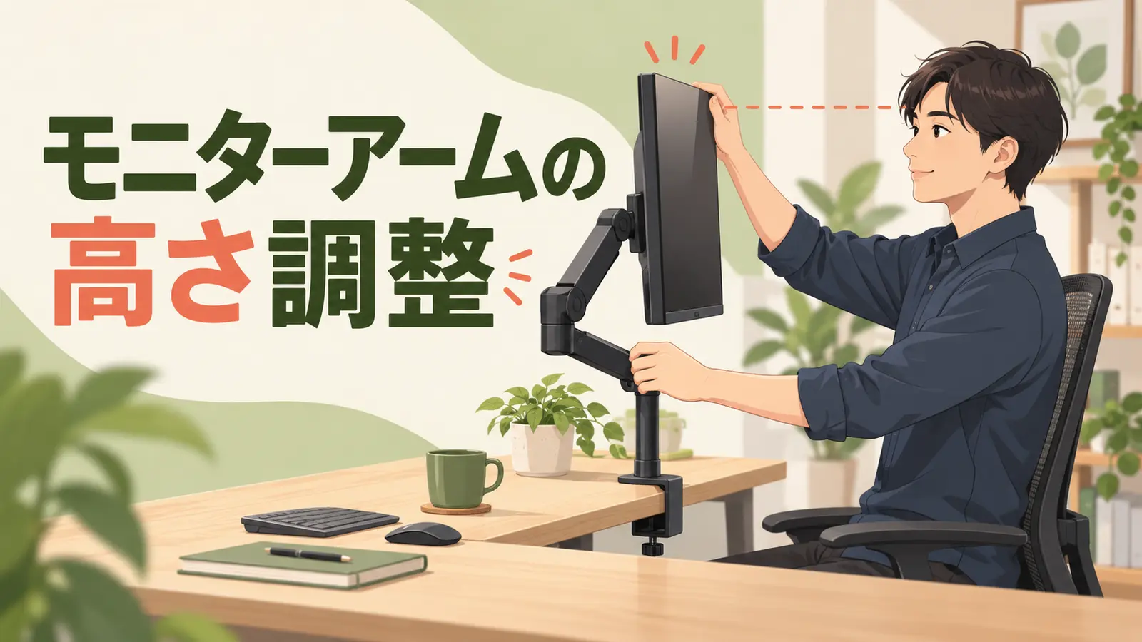 モニターアームで画面を目線の高さへ調整する人